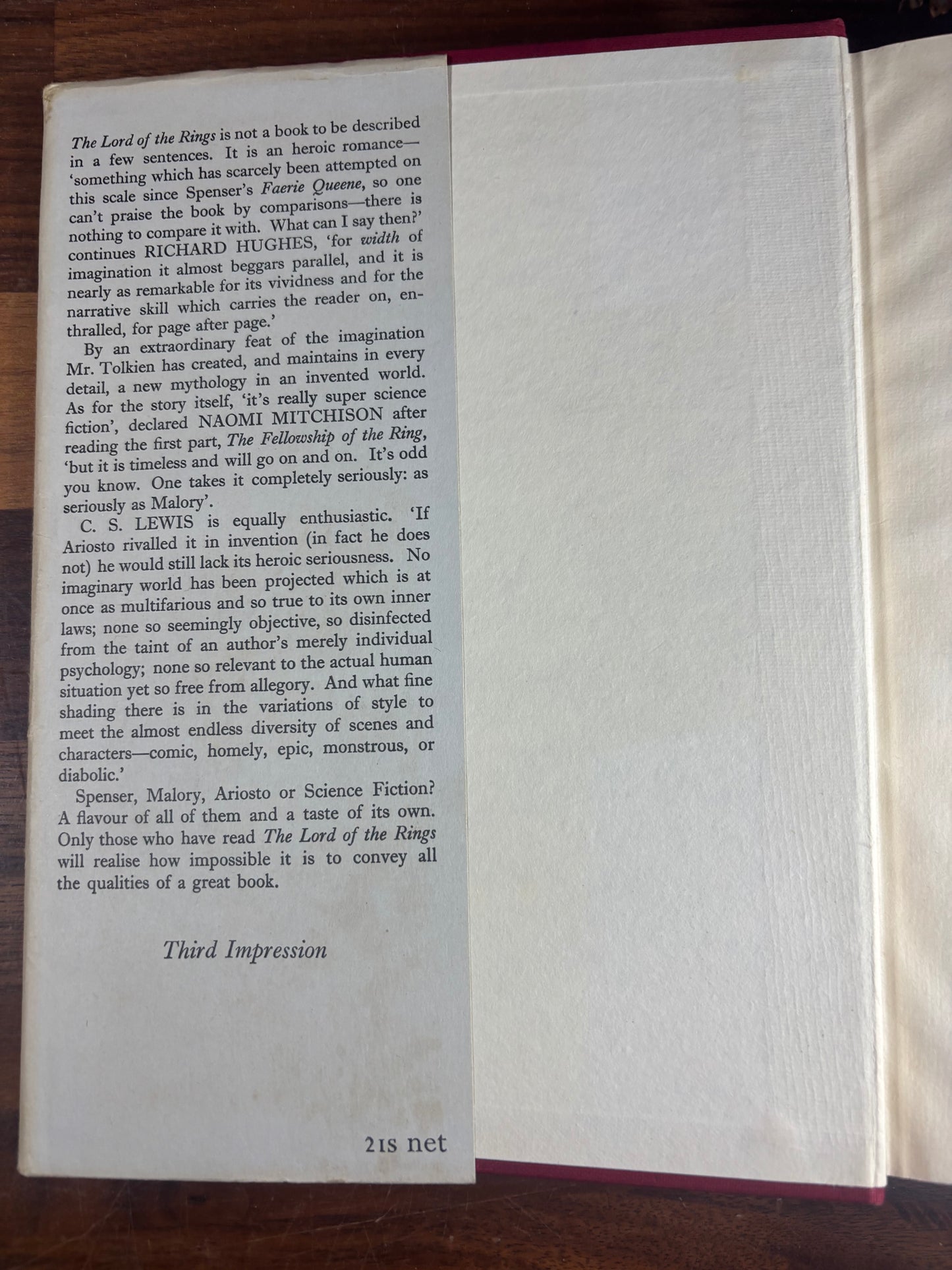 Price of book on dust jacket of "The Two Towers"