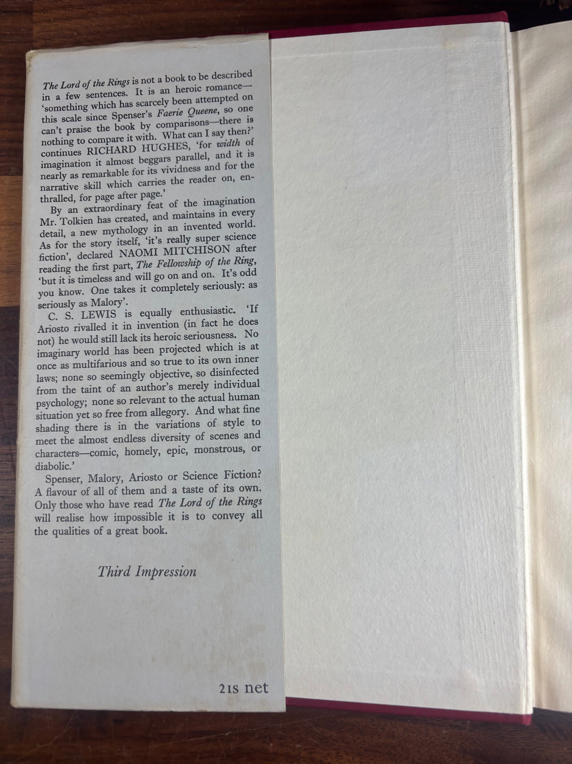 Price of book on dust jacket of "The Two Towers"