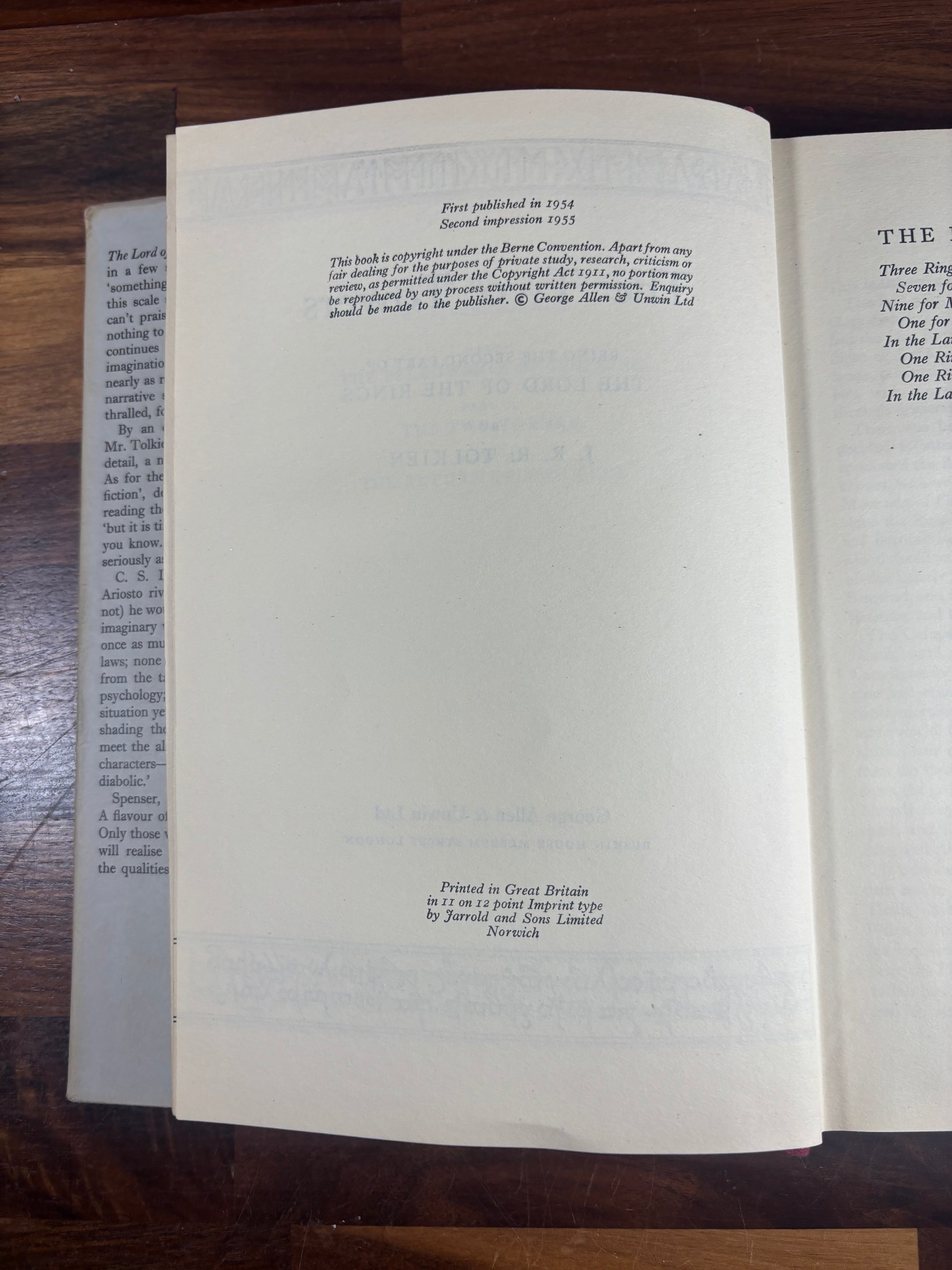 The page with publisher and publishing information for "The Two Towers"