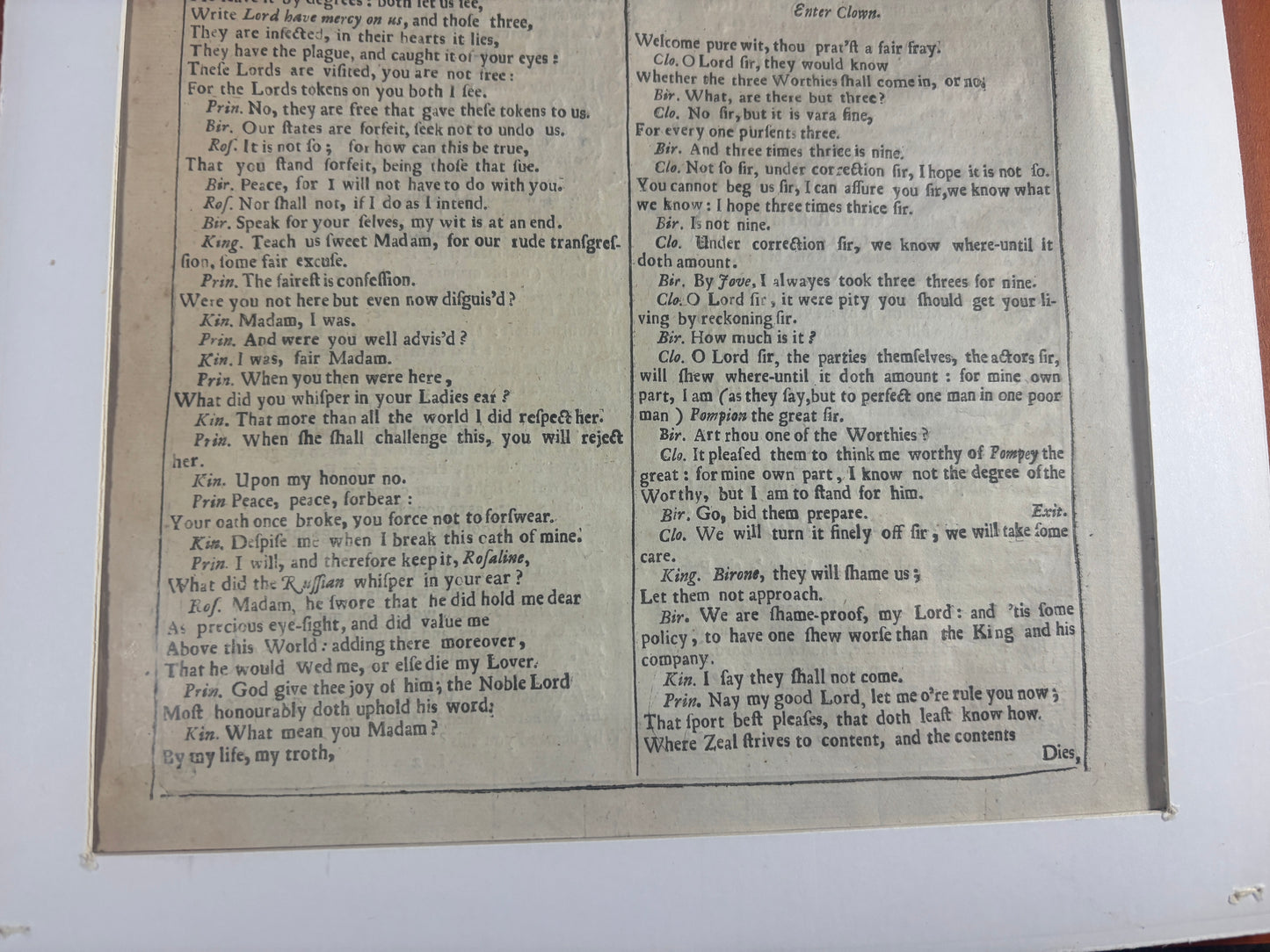 Shakespeare Fourth Folio Leaf, Love's Labour's Lost, Original 17th Century Printing