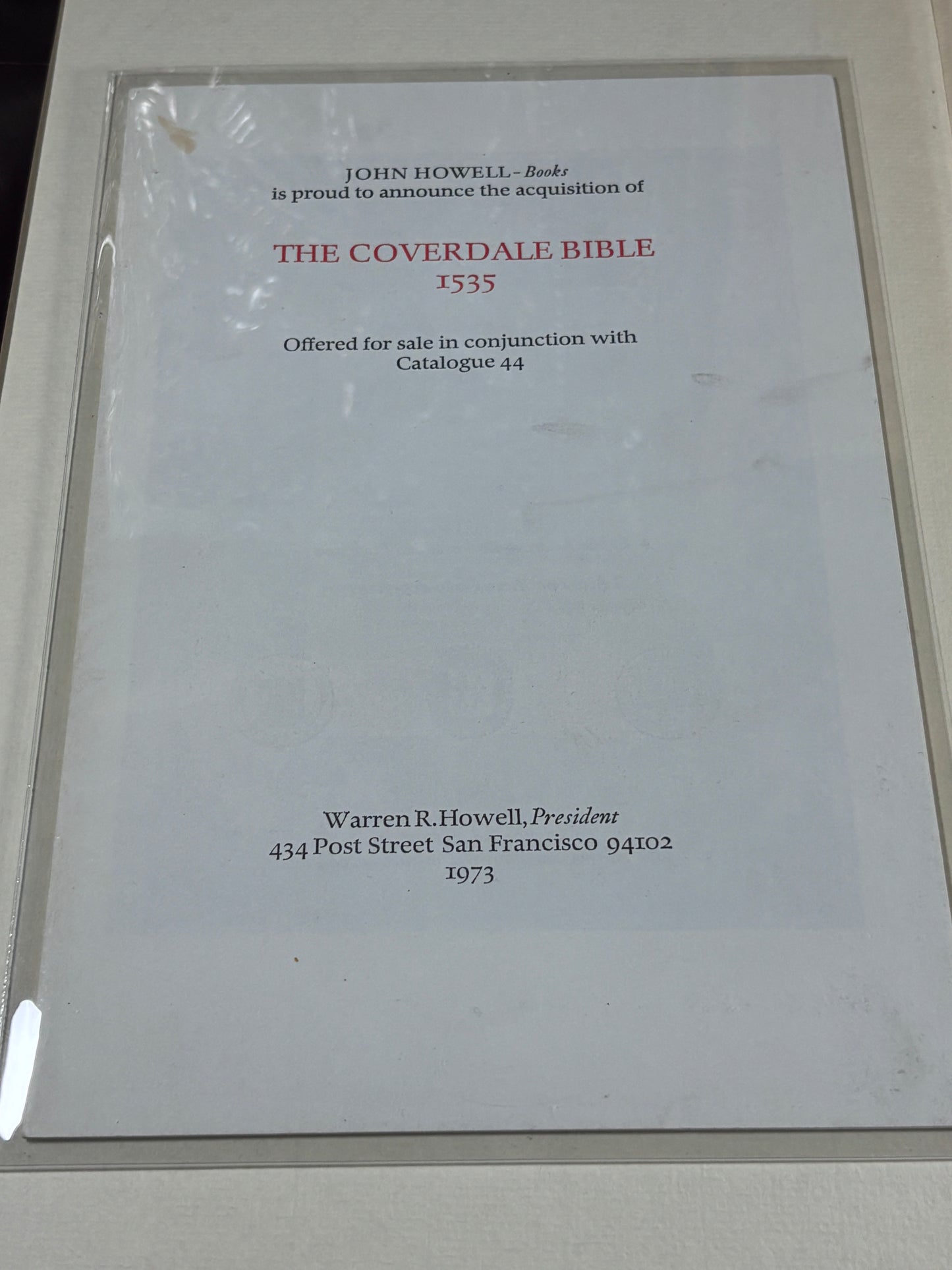 1535 Coverdale Bible Leaf W/ California Book Club Presentation Folio NO.145/450