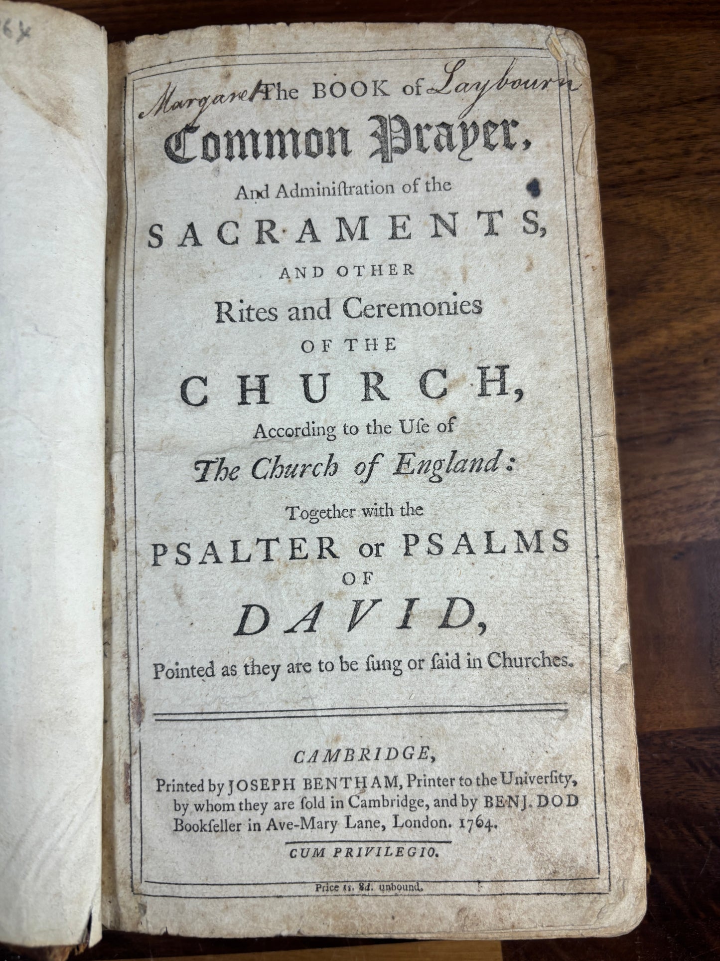 1764 Book of Common Prayer & Psalter, W/ Contemporary Binding & Hymn Inscription