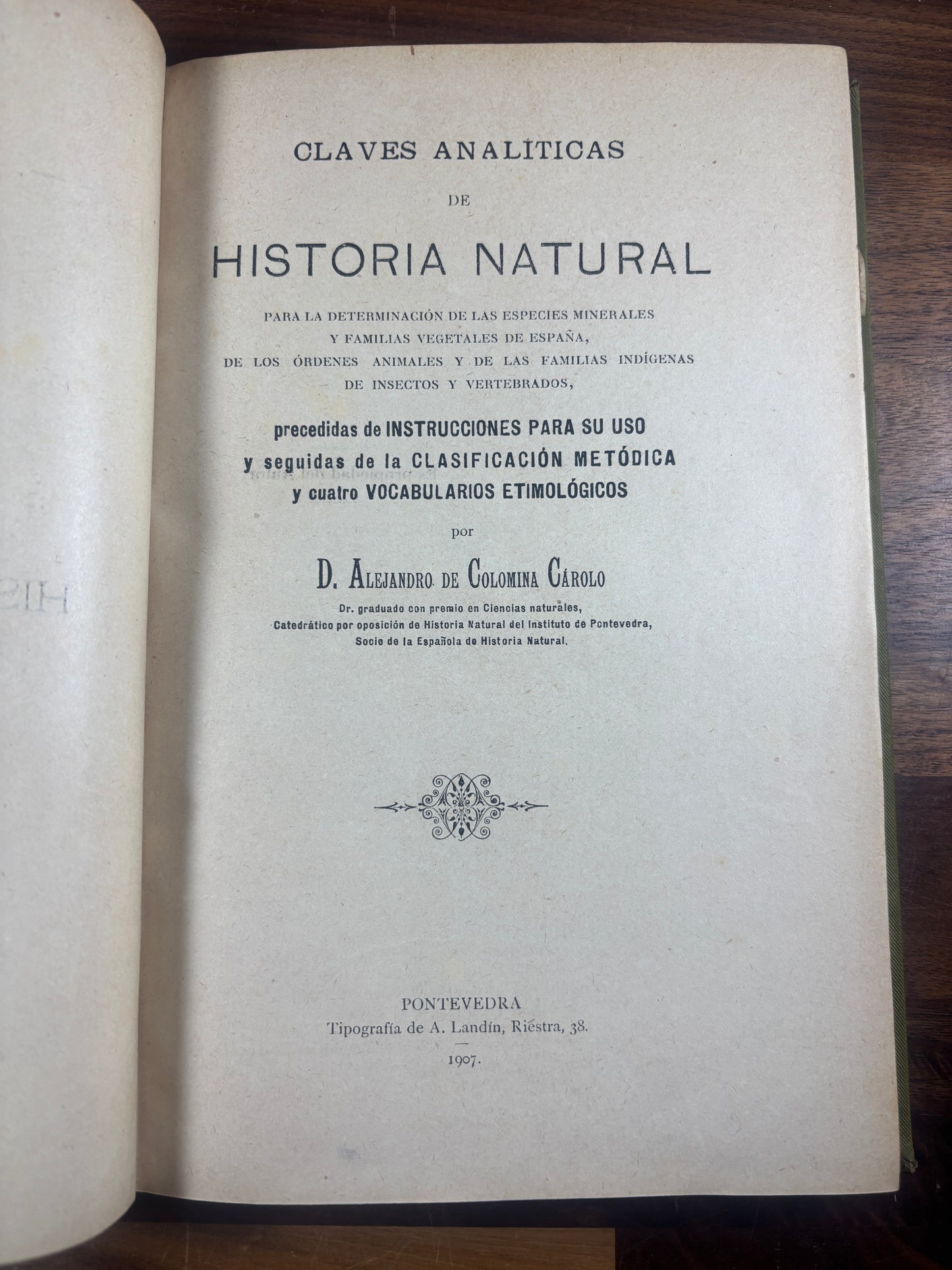 Claves Analíticas de Historia, Natural Alejandro de Colomina Cárolo Pontevedra, 1907
