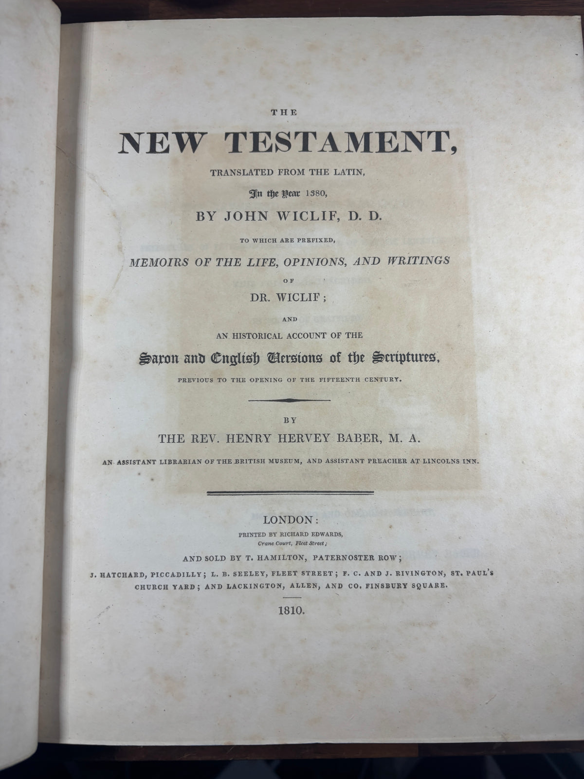 1810 John Wycliffe New Testament Facsimile, First Baber Edition, Early English Bible